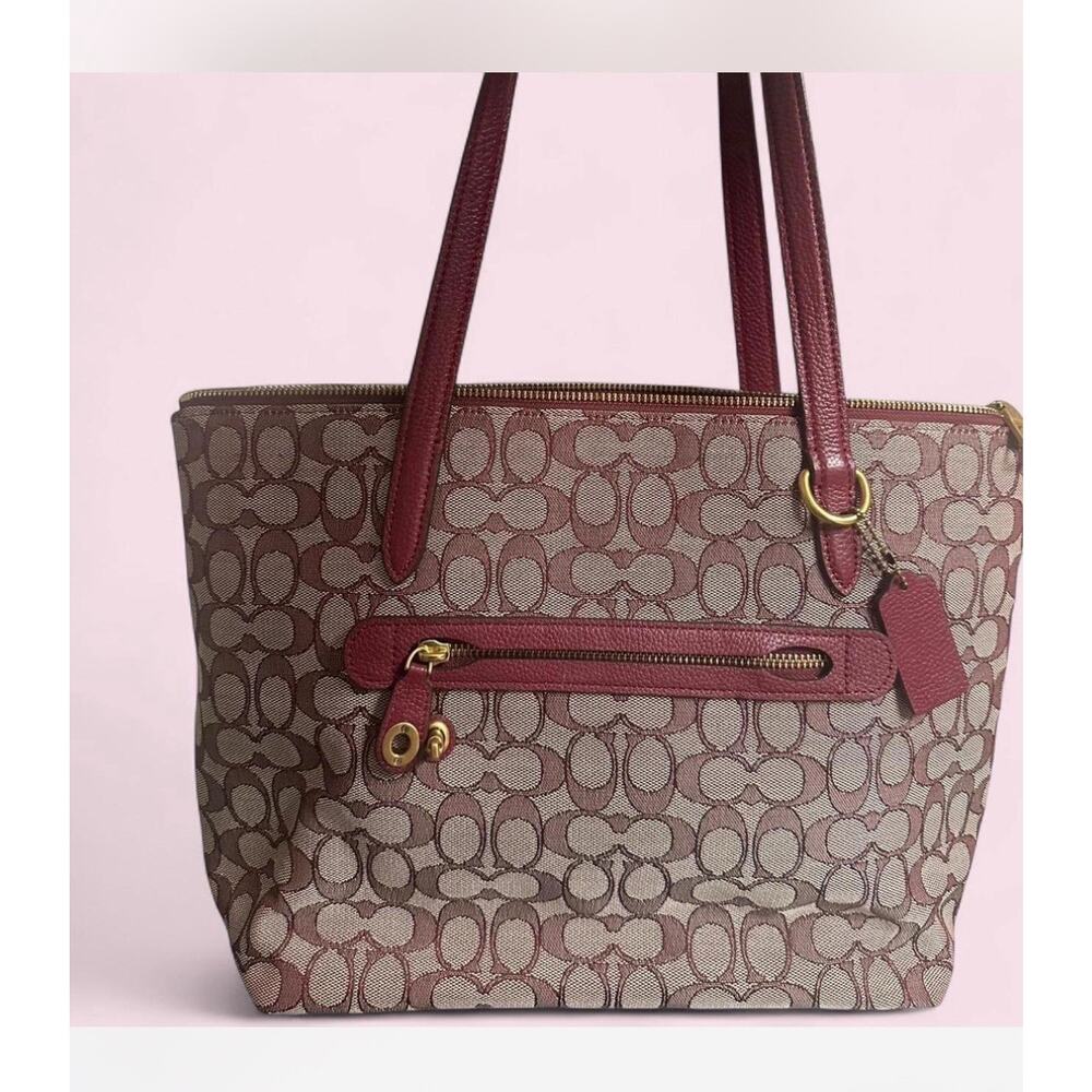 Coach Signature Jacquard Zip Tote Bag with Burgundy Leather Trim (Style 5106)